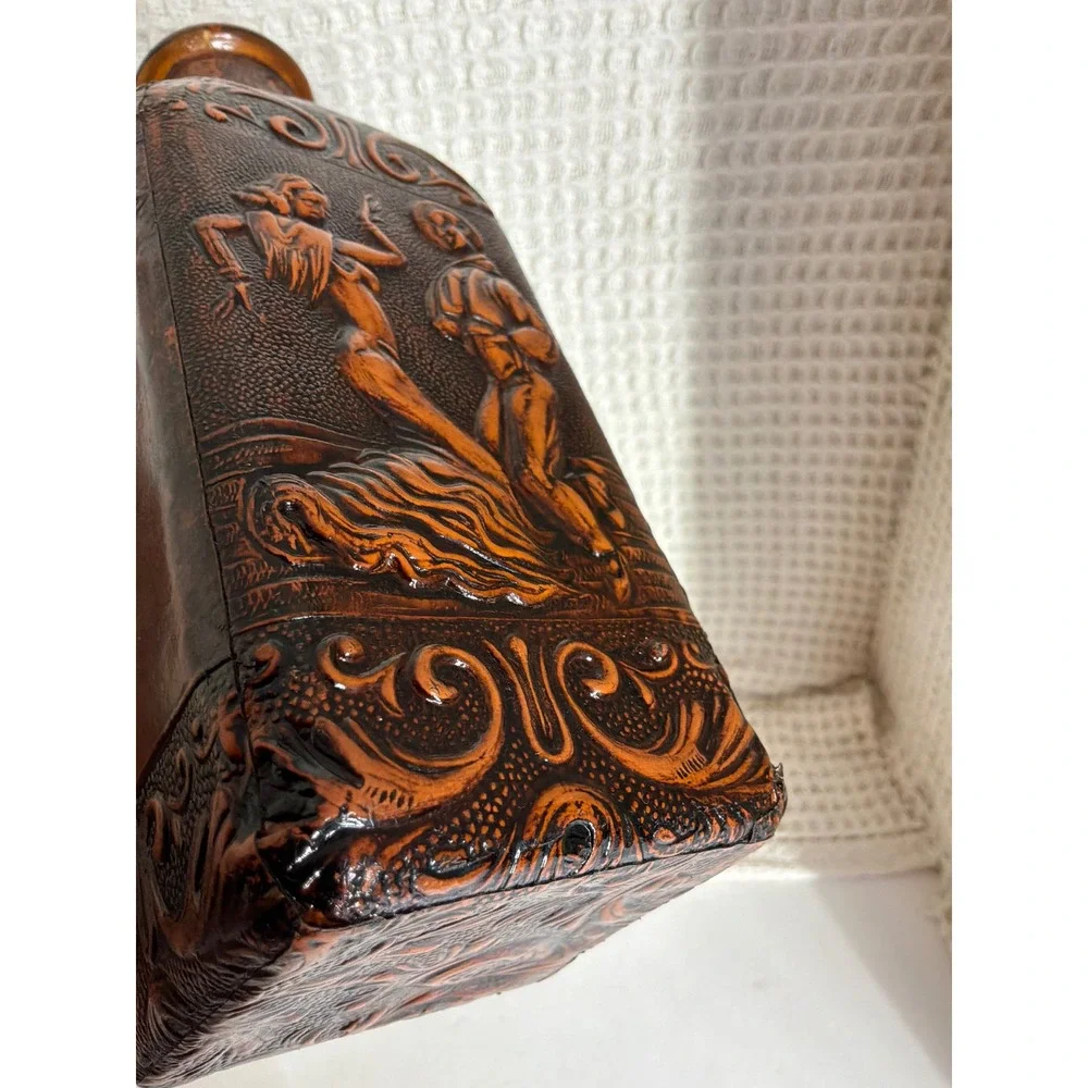 Western Unisex Vintage Tooled Leather Amber Glass Decanter OS Brown